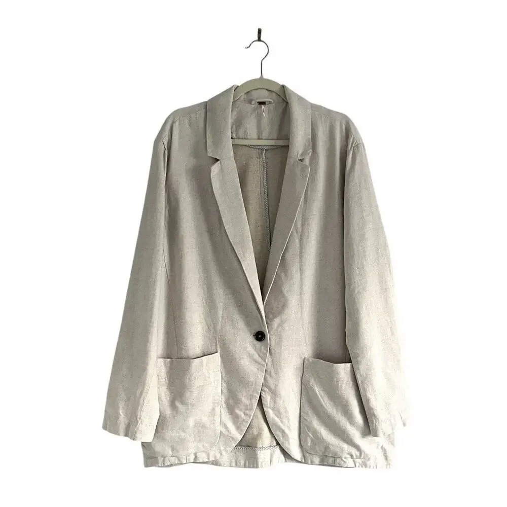 Free People Simply Perfect Linen Blazer Natural Tan Medium Oversized Jacket M